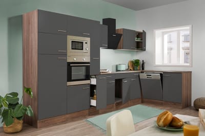 Hoekkeuken 370  cm - complete keuken met apparatuur Oliver  - Donker eiken/Grijs   - keramische kookplaat - vaatwasser - afzuigkap - oven - magnetron  - spoelbak