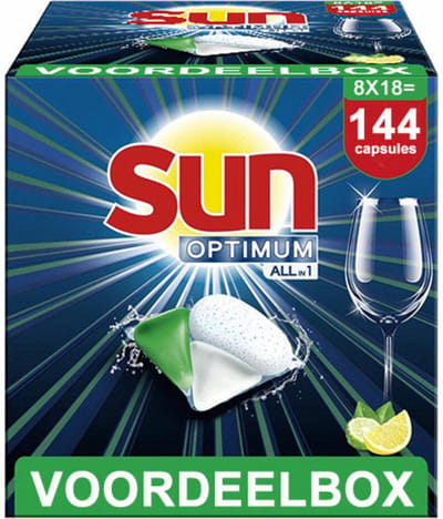 Sun - Vaatwascapsules - Optimum - All-in-1 - Citroen - 100% oplosbaar tabletfolie - 144 Vaatwastabletten - Voordeelverpakking
