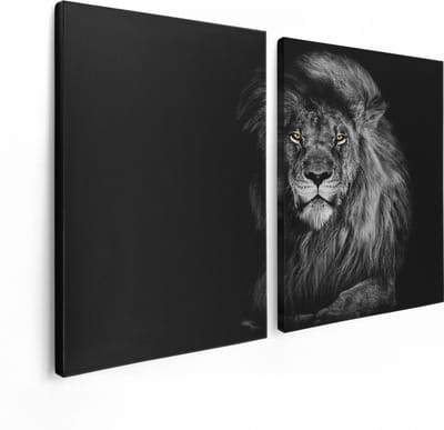 Artaza Canvas Schilderij Tweeluik Leeuw Met Oranje Ogen - Zwart Wit - 120x80 - Foto Op Canvas - Canvas Print