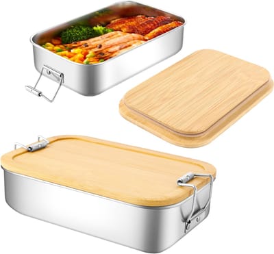 Set van 2 roestvrijstalen broodtrommel voor kinderen, 700 ml, met bamboedeksel, lekvrije metalen lunchbox, roestvrij staal, herbruikbaar, lunchbox, roestvrij staal, metaal, voor school