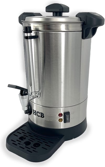 HCB® - Professionele Horeca heetwaterdispenser - dubbelwandige heetwatertap met lekbak - 6,3 liter - 230V - RVS / INOX warmwaterdispenser - Gluhweinketel - 31x31x40 cm (DxBxH) - 2.40 kg - 1339