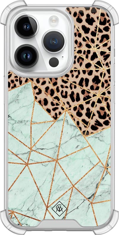 Casimoda® hoesje - Geschikt voor iPhone 14 Pro - Luipaard Marmer Mint - Shockproof case - Extra sterk - Siliconen/TPU - Mint, Transparant