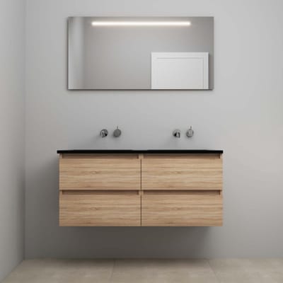 On-Line Badkamermeubelset - 120 cm - Voorgemonteerd - Ladestructuur - Acryl Wastafel - zonder Kraangat - Spiegel met LED-Verlichting - Eiken