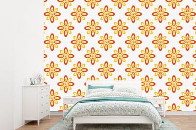 Behang - Fotobehang Patroon - Jaren 70 - Bloemen - Oranje - Breedte 360 cm x hoogte 260 cm