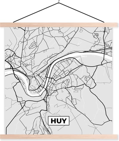 Posterhanger incl. Poster 40x40 cm - Schoolplaat - Stadskaart – Plattegrond – België – Zwart Wit – Huy – Kaart - Textielposter - Blanke latten - Stadskaart