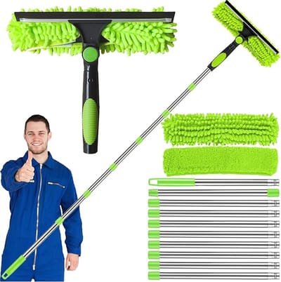 Professionele Telescopische Raamwisser 3-in-1 met Verlengpaal tot 4,5 m – Ramenwasser, Vloertrekker & Douchewisser voor Binnen en Buiten – Groen