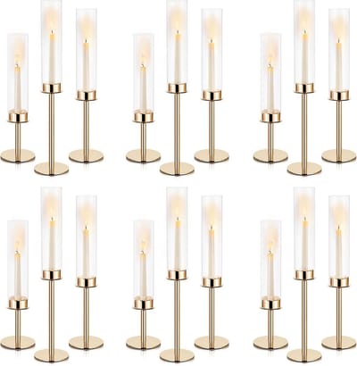 Set van 18 Gouden Kandelaars met Windlicht Cilinders voor Kaarsen
