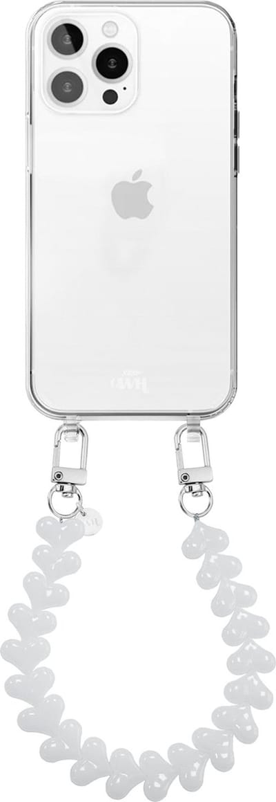 xoxo Wildhearts siliconen hoesje geschikt voor iPhone 16 Pro Max hoesje - Funky Hearts - Telefoonhoesje - Hoesje met koord - Wit koord - kort telefoonkoord - Hartjes ketting - Transparant hoesje