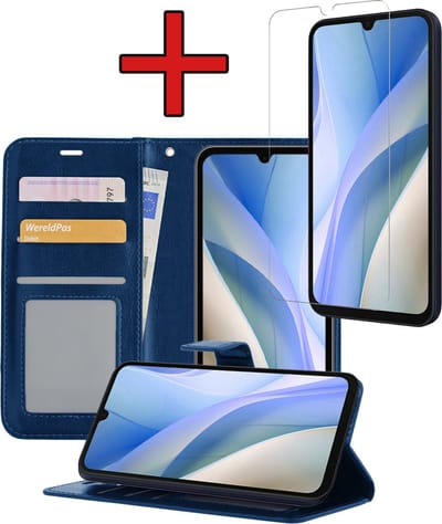 Hoesje - Met Screenprotector - Geschikt voor Samsung Galaxy A15 - Luxe Pasjeshouder - Flipcase - Bookcase Portemonee - Flip Case - Kunstleer Book Case - Book Cover - Walletcase - Portemonneehoes - Telefoonhoes - Donkerblauw