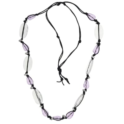 Behave - Lange kralen ketting - Transparante en paarse kralen - Zwart touw - 110 cm