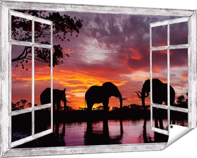 Gards Tuinposter Doorkijk Olifanten tijdens Zonsondergang - Silhouet - 150x100 cm - Tuindoek - Tuindecoratie - Wanddecoratie buiten - Tuinschilderij