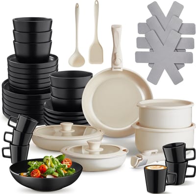 tectake® Complete Pannenset - Borden Set - Aardewerk - 40-delig - 6 Persoons - Set met Servies, Koekenpan, Spatel, Kookpan, Kommen - Pannen met Deksel en Antiaanbaklaag - Ovenbestendig - Vaatwasbestendig - Geschikt voor Inductie - Zwart/Wit