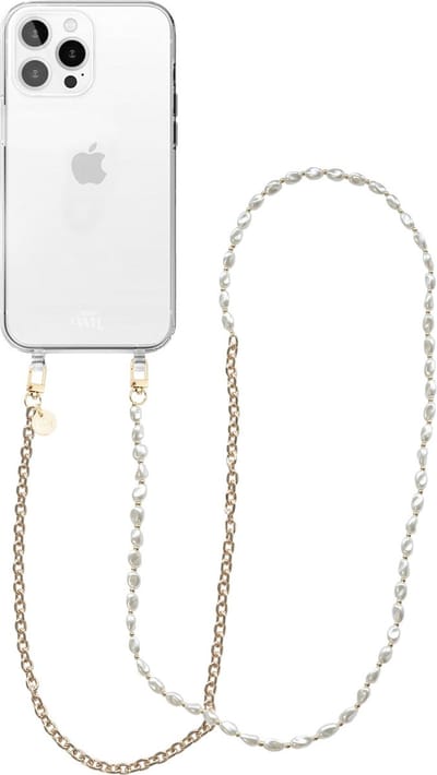 xoxo Wildhearts siliconen hoesje - Geschikt voor iPhone 11 Pro hoesje - Over The Moon - Telefoonhoesje - Hoesje met koord - Parelketting / Gouden schakelketting - lang telefoonkoord - Transparant hoesje (lange variant)