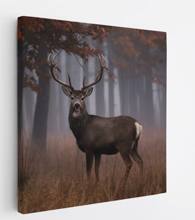 Saammp Canvas Schilderij - Hert bij een bos tijdens de herfst - Natuur - Dieren - 20x20 - Foto op canvas - Wanddecoratie - Muurdecoratie Woonkamer - Slaapkamer decoratie - Canvas Print