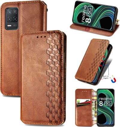 Luxe PU Lederen Ruitpatroon Wallet Case + PMMA Screenprotector voor OPPO Realme 8 5G _ Bruin