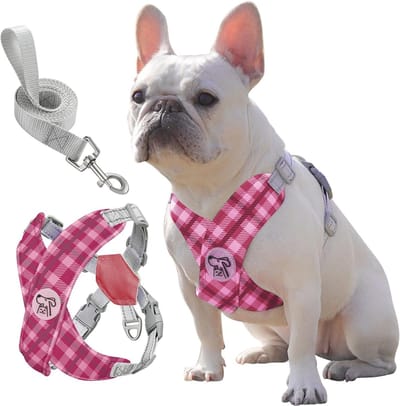 Zachte en Ademende Hondenharnas en Leash Set voor Kleine en Middelgrote Honden, Verstelbaar en Comfortabel, Ideaal voor Wandelen en Uitjes, Roze Ruitpatroon