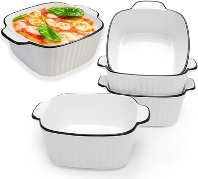 Keramische Ovenschaal - Mini Bakvorm - Kleine Gebakjes Bakken - Met Handgrepen - 400 ml set van 4 - Wit