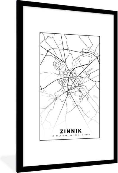Fotolijst incl. Poster Zwart Wit- Zwart Wit – België – Plattegrond – Stadskaart – Kaart – Zinnik - 80x120 cm - Posterlijst
