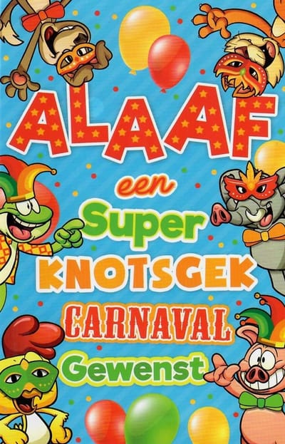 Alaaf! Een feestelijke kaart speciaal voor Carnaval. Een super knotsgek carnaval gewenst. De ballonnen zijn al opgehangen in diverse kleuren en de vrolijke personen zijn ook al te zien. Een dubbele wenskaart inclusief envelop en in folie verpakt.