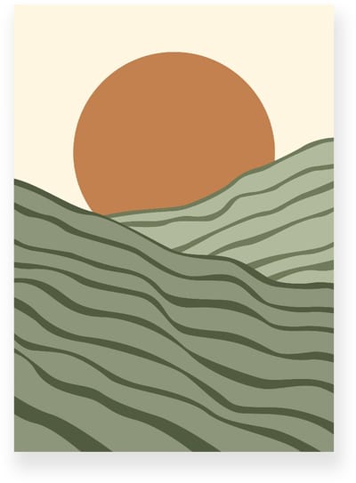 Poster 20x30 cm - Zonsondergang - Gelaagde Heuvels - Bruin - Groen - Minimalistisch - Landschap - Muurdecoratie - Wanddecoratie