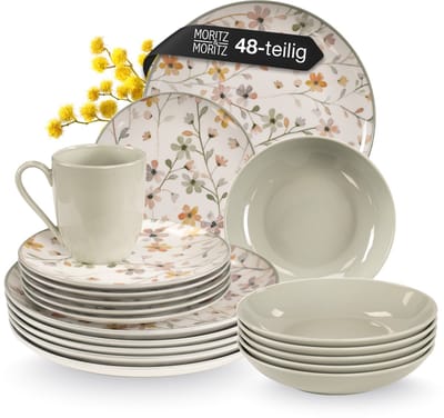 Moritz & Moritz PRIMAVERA 48-delige Serviesset voor 12 Persoons – Bordenset Aardewerk Grijs – Servies met Dinerborden, Dessertborden, Soepborden en Kopjes