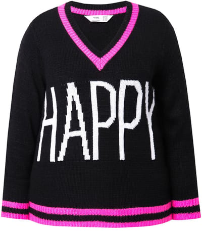 Angel of Style - Dames - Trui straight fit HAPPY-opschrift lange mouw - Zwart - Maat 42+