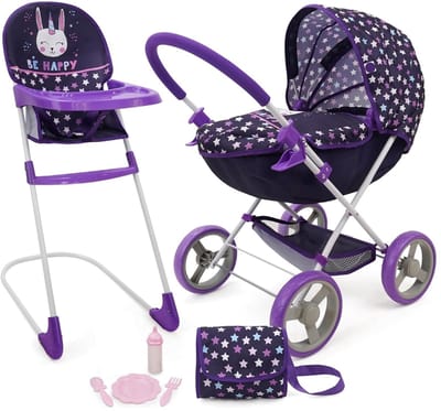 Bunnicorn Poppen Pram n Feed 8-delige combi spelset - klassieke pop - kinderstoel - luiertas - 5-delige fee«nspeelgoed - voor poppen van 46 cm - licht spel voor kinderen vanaf 3 jaar
