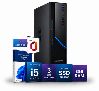 Office PC i5 Inclusief Microsoft Office - ScreenON Ultra SFF - 8GB RAM - 512GB SSD M.2 - Windows 11 Pro - WiFi & Bluetooth - Zakelijke Werkcomputer - Kantoor PC - Desktop Computer - Thuiswerk Computer - Administratie PC - MKB - ZZP