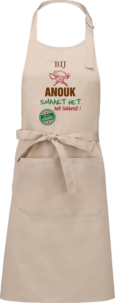 Naamcadeau - Naamschort - Keukenschort met je naam - Kookschort - verjaardag - moederdag - beige - het smaakt het lekkerst bij: Anouk