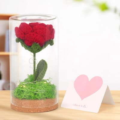 Eeuwige Roos Glas - Gehaakte Bloemen - Romantische Decoratie - Warm LED Licht - Terrarium - Groen Rood