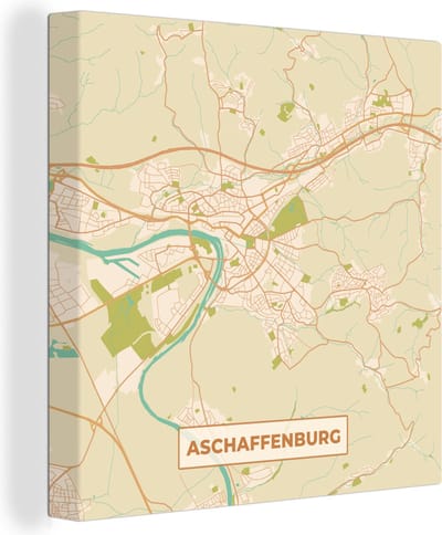 Canvas Schilderij Plattegrond - Vintage - Aschaffenburg - Kaart - Stadskaart - 20x20 cm - Wanddecoratie