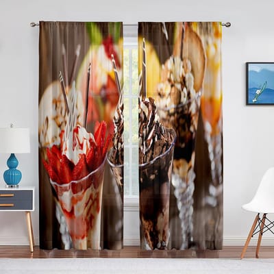 IJsbol Zoet Koud Romig Dessert Transparante Voile Gordijnen voor Woonkamer Slaapkamer Tule Gordijnen Keuken Raampaneel Gordijnen 1 PCS W100XH250cm&Grommet Top