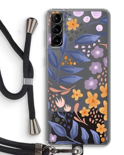 Case Company® - Hoesje met koord geschikt voor Samsung Galaxy S21 Plus hoesje met Koord - Flowers with blue leaves - Telefoonhoesje met Zwart Koord - Bescherming aan alle Kanten en Over de Schermrand