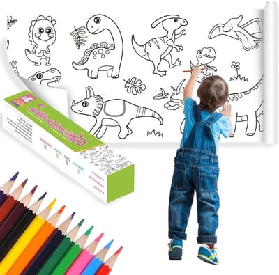 Kleurrol van 10ft voor kinderen met 12 kleurpotloden - Perfect voor verjaardagsgeschenken, creatief tekenen en dinosaurusthema's