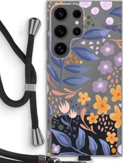 Case Company® - Hoesje met koord geschikt voor Samsung Galaxy S24 Ultra hoesje met Koord - Flowers with blue leaves - Telefoonhoesje met Zwart Koord - Bescherming aan alle Kanten en Over de Schermrand