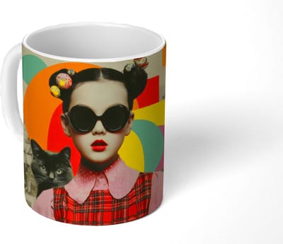 Mok - Koffiemok - Meisje - Zonnebril - Kat - Retro - Mokken - 350 ML - Beker - Koffiemokken - Theemok