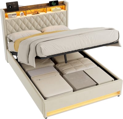 MODFU Polsterbed 140x200 cm – 216x140,5x142,5 cm – Hollands fluweel met lattenbodem – Ergonomisch en luxe gestoffeerd – Beige