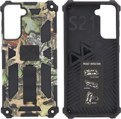 Hoesje Geschikt Voor Samsung Galaxy S21 Hoesje - Rugged Extreme Backcover Blaadjes Camouflage met Kickstand - Groen