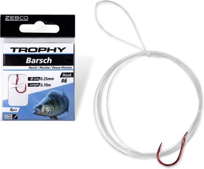 Zebco Trophy Perch Hook-to-Nylon 70cm (8 pcs) Hook Red - Maat : 2