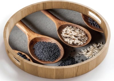 Dienblad rond 40x40 cm - Schootdienblad hout - Houten - Lepels - Rijst - Zaden - Borrelplank rechthoek - Plateau houten dienbladen