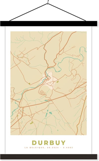Posterhanger incl. Poster 40x60 cm - Schoolplaat - Durbuy - België - Plattegrond - Kaart - Stadskaart - Textielposter - Zwarte latten - Stadskaart
