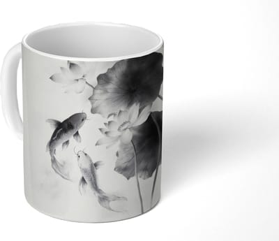 Mok - Koffiemok - Lotusbloemen - Vissen - Bladeren - Zwart - Mokken - 350 ML - Beker - Koffiemokken - Theemok