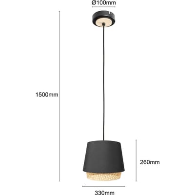 Lindby - hanglamp - 1licht - Metaal, hout - H: 19 cm - E27 - zwart, licht hout