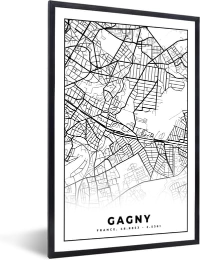 Fotolijst incl. Poster Zwart Wit- Gagny - Stadskaart – Plattegrond – Kaart – Frankrijk - Zwart wit - 40x60 cm - Posterlijst