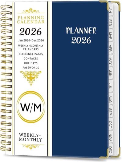 2026 Planner - Wekelijks & Maandelijks Overzicht - Spiraalband met Tabs - Binnenvak - 15.7x21.6 cm (6.2"x8.5") - Donkerblauw - Jan-Dec 2026