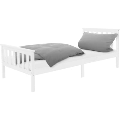 Bedframe eenpersoonsbed 90x200cm gemaakt van dennenhout in witte lattenbodem & matras H-16cm ML design