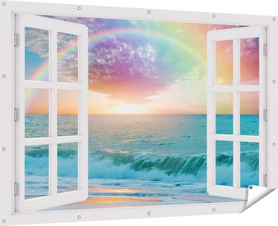 Gards Tuinposter Doorkijk Regenboog in het Water bij het Strand - 180x120 cm - Tuindoek - Tuindecoratie - Wanddecoratie buiten - Tuinschilderij
