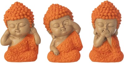 J-Line decoratie Monnik Zien/Horen/Spreken - polyresin - oranje - set van 3