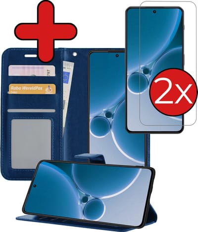 Hoesje - Met 2x Screenprotector - Geschikt voor OnePlus Nord 3 - Luxe Pasjeshouder - Flip Case - Bookcase Portemonee - Kunstleer Book Case - Flipcase Hoes - Book Cover - Walletcase - Portemonneehoes - Telefoonhoes - Donkerblauw
