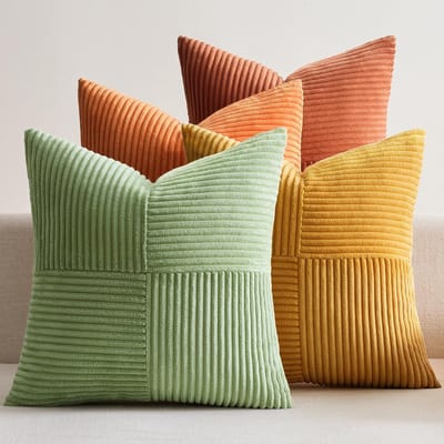Famanu – Corduroy ribfluweel kussenhoezen set van 4 (40x40 cm) – herfst patchwork – oranje/groen serie – bank/stoel